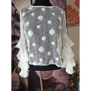 GRACIA Women's White Sheer Mesh Polka Dot 3/4 Ruffle Sleeve Top Size S‎